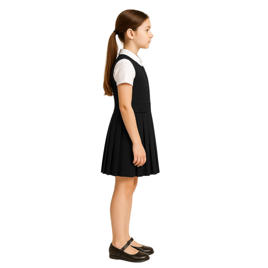 Girls School Uniform Pinafore Dress, Round Neck Sleeveless Pleated Dress, Heart Zip School Pinafore for Girls with Two Button Front, Ages 2-16