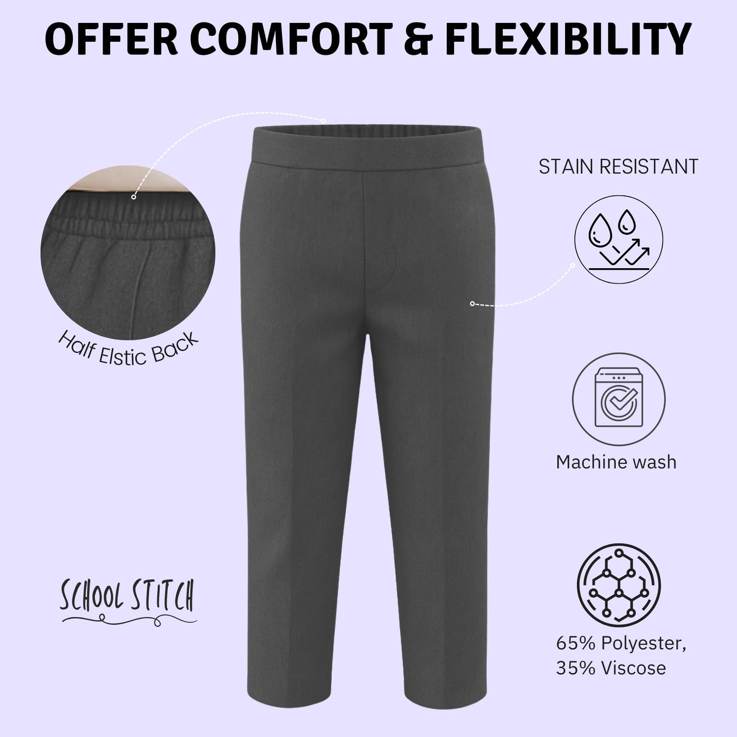 Boys School Trousers, Plain Flat Front Pull Up Half Elastic Waist Trousers, Teflon Coated Stain-Resistant School Uniform Pants, Ages 3-13