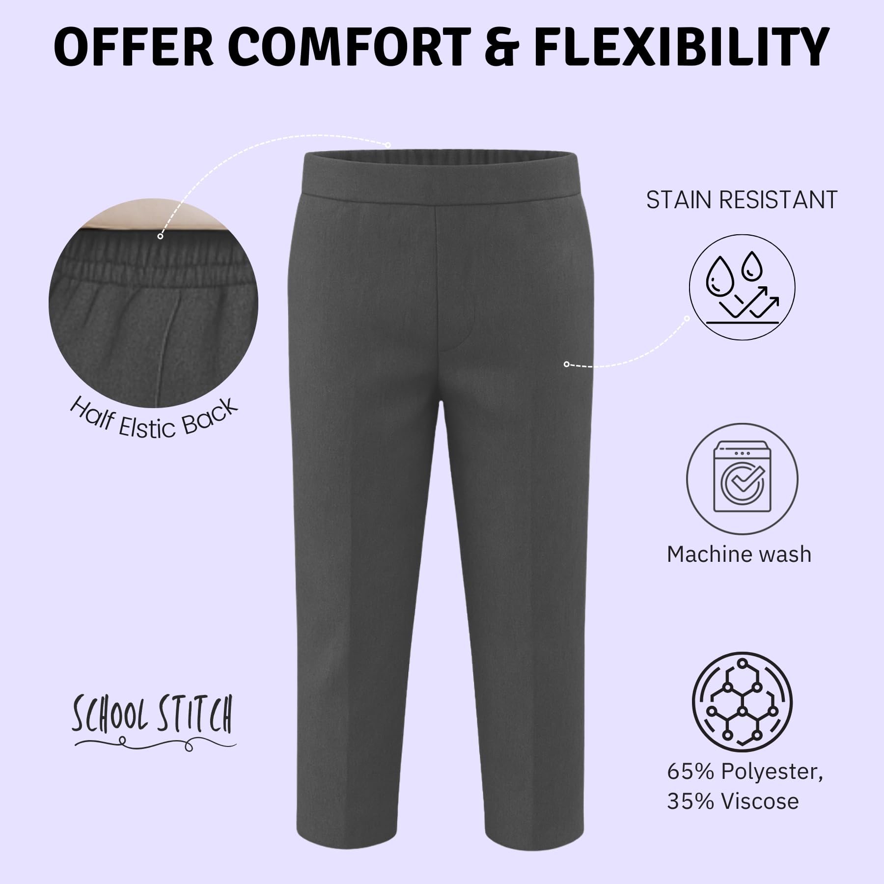 Boys School Trousers, Plain Flat Front Pull Up Half Elastic Waist Trousers, Teflon Coated Stain-Resistant School Uniform Pants, Ages 3-13