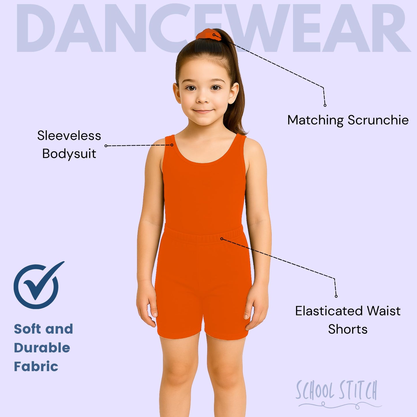 School Stitch® 3 Piece Gymnastics Leotards for Girls Set, Microfiber Plain Sleeveless Bodysuit With Elastic Dance Shorts & Scrunchie, Ballet Leotard for Girls Gymnastics Outfit Age 3-13