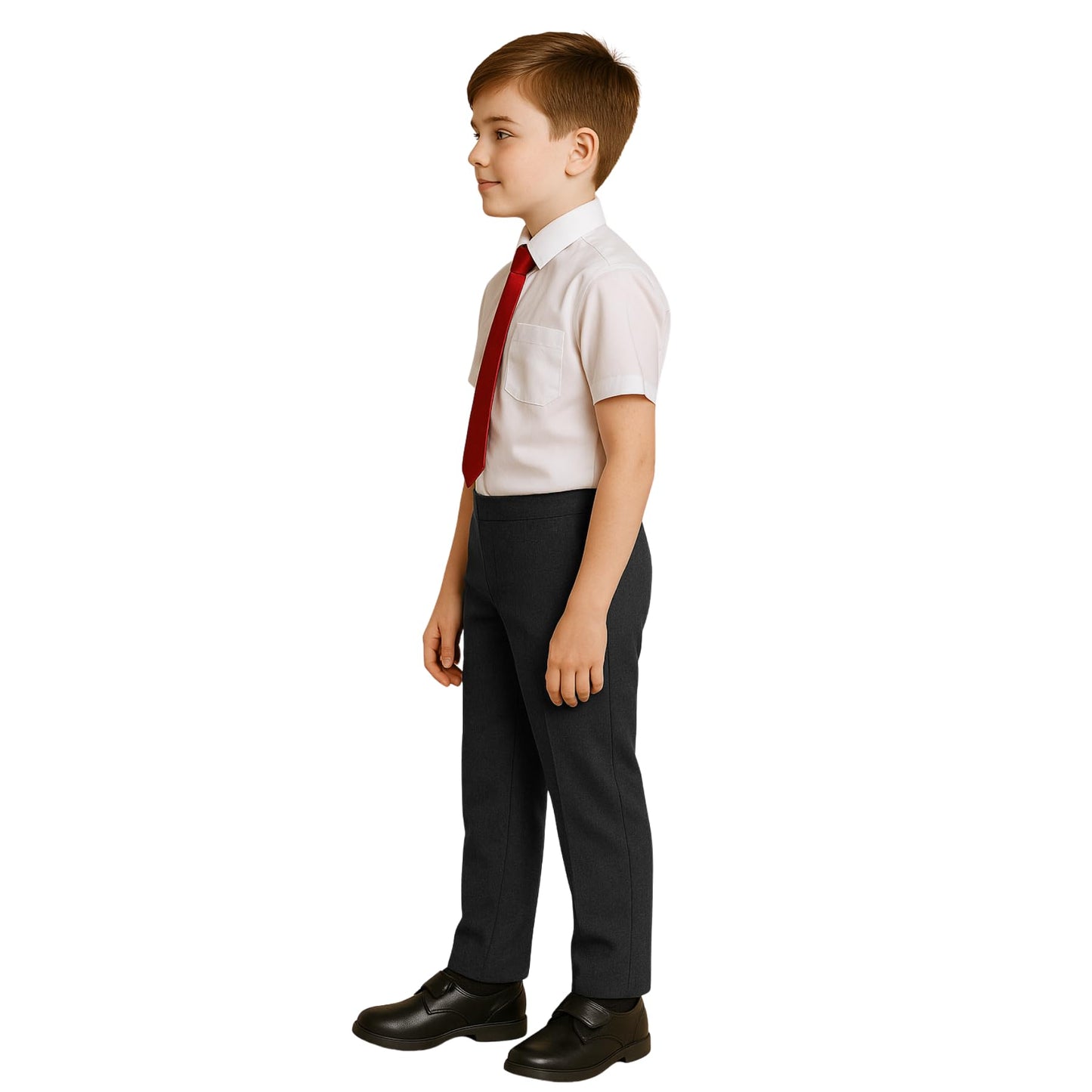 Boys School Trousers, Plain Flat Front Pull Up Half Elastic Waist Trousers, Teflon Coated Stain-Resistant School Uniform Pants, Ages 3-13