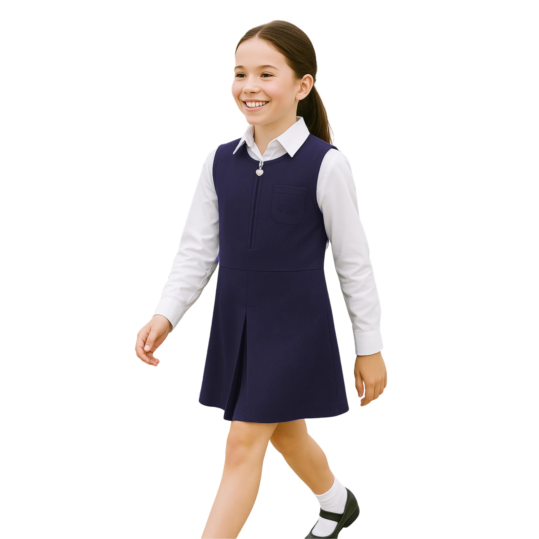 SchoolStitch® Girls School Uniform Plain Pinafore Dress, Round Neck Sleeveless Zip Closure Pleated Dress with Heart Pockets, Elegant School Uniform Girls Pinafore Dresses, Ages 2-14