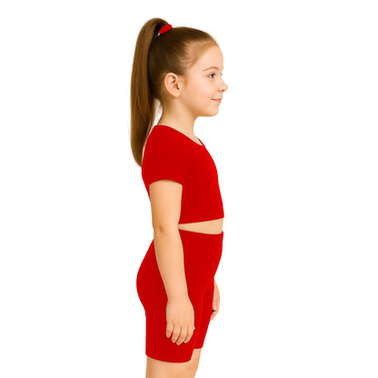 School Stitch® 3 Piece Gymnastics Leotards for Girls Set, Plain Microfibre Half Sleeve Crop Tops with Elastic Waist Shorts & Scrunchie, Dance Costume Ballet Leotards for Girls Gymnastics Kids Age 3-13