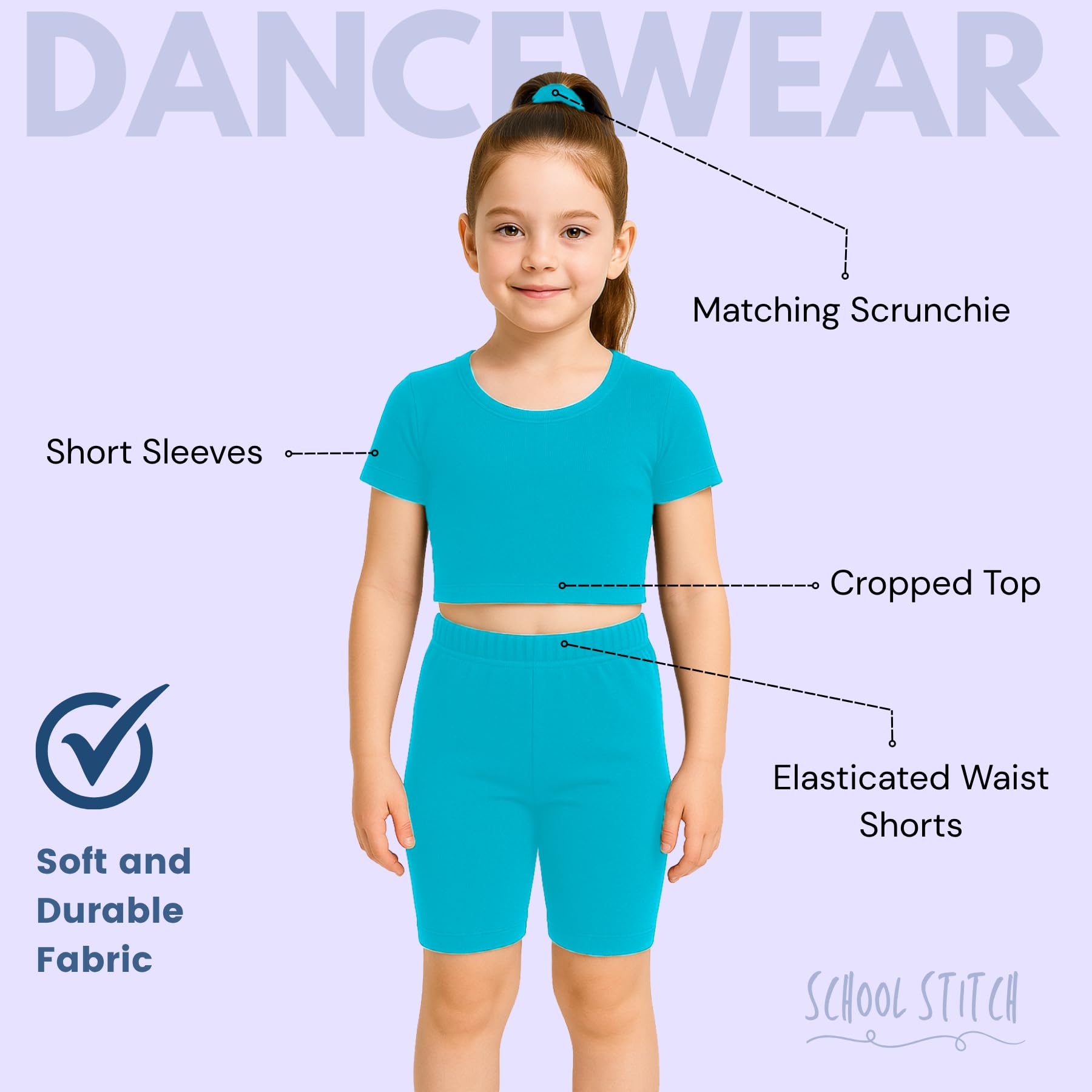 School Stitch® 3 Piece Gymnastics Leotards for Girls Set, Plain Microfibre Half Sleeve Crop Tops with Elastic Waist Shorts & Scrunchie, Dance Costume Ballet Leotards for Girls Gymnastics Kids Age 3-13