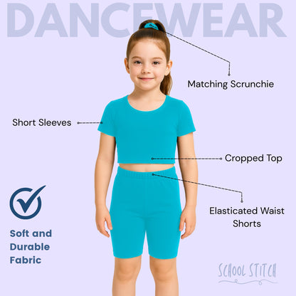 School Stitch® 3 Piece Gymnastics Leotards for Girls Set, Plain Microfibre Half Sleeve Crop Tops with Elastic Waist Shorts & Scrunchie, Dance Costume Ballet Leotards for Girls Gymnastics Kids Age 3-13