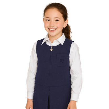 SchoolStitch® Girls School Uniform Plain Pinafore Dress, Round Neck Sleeveless Zip Closure Pleated Dress with Heart Pockets, Elegant School Uniform Girls Pinafore Dresses, Ages 2-14