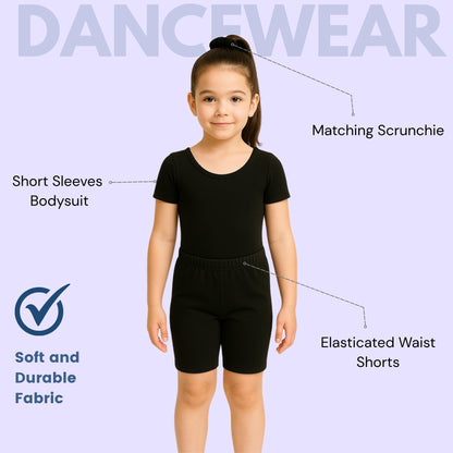 School Stitch 3 Piece Gymnastics Leotards for Girls Set, Kids Microfibre Half Sleeve Ballet Bodysuit With Elastic Waist Shorts and Scrunchie, Dance Costume Leotards for Girls Gymnastics Kids Age 3-13