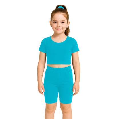 School Stitch® 3 Piece Gymnastics Leotards for Girls Set, Plain Microfibre Half Sleeve Crop Tops with Elastic Waist Shorts & Scrunchie, Dance Costume Ballet Leotards for Girls Gymnastics Kids Age 3-13