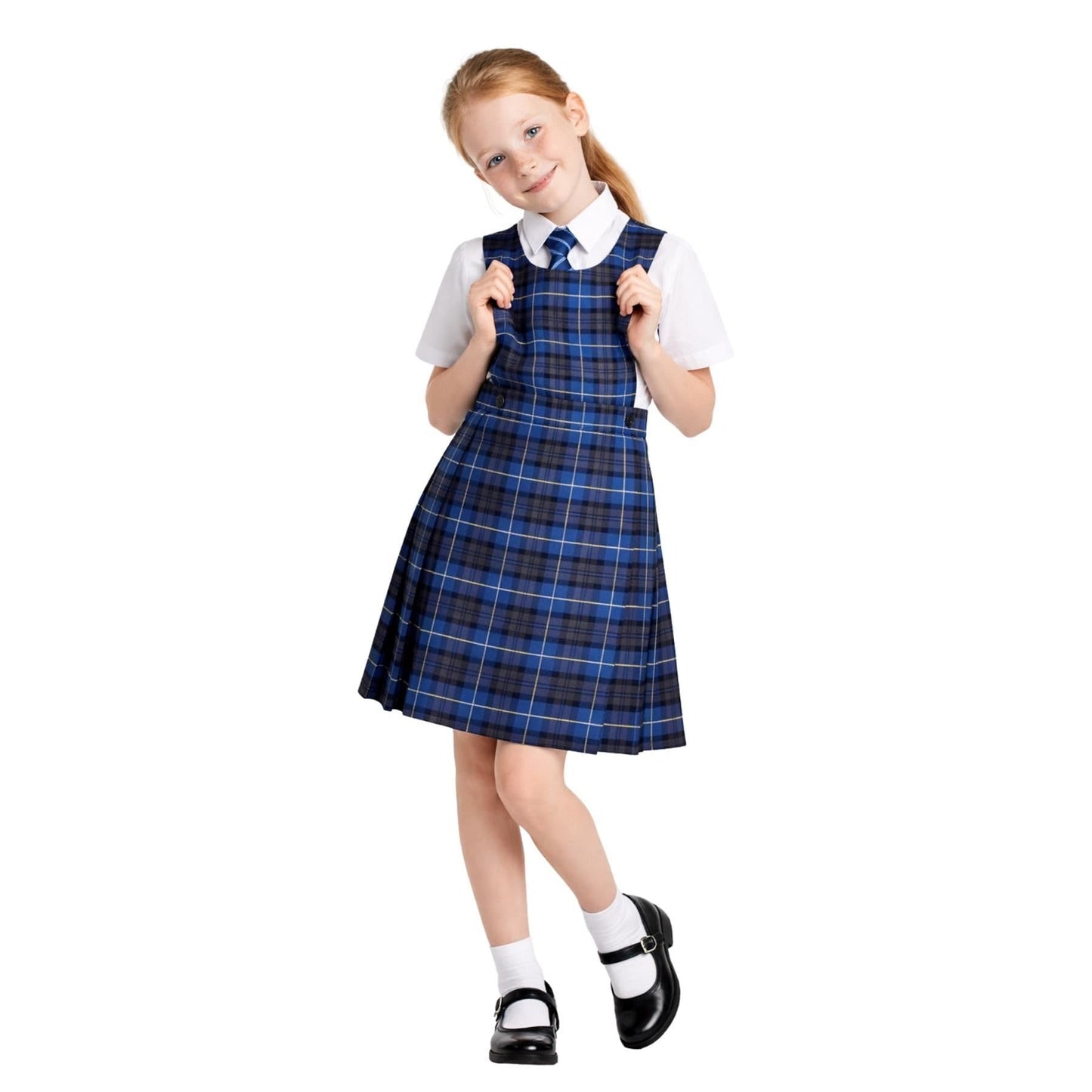 SchoolStitch® Girls School Uniform Sleeveless Pinafore Dress, Knife Pleats Wrap-Over Bib Tartan Dress, Summer School Dresses for Girls, Age 2-18 Years