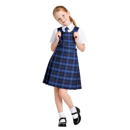 SchoolStitch® Girls School Uniform Sleeveless Pinafore Dress, Knife Pleats Wrap-Over Bib Tartan Dress, Summer School Dresses for Girls, Age 2-18 Years