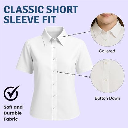 SchoolStitch® Girls Long Sleeve School Shirts, Pack of 2 Plain Collared Button Down Girls Blouse with Cuffed Sleeves, School Uniform White Shirt Kids Ages 3-15+