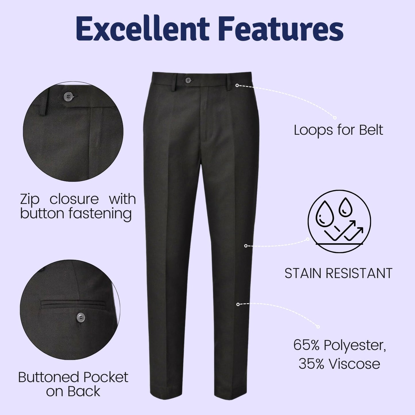 SchoolStitch® Boys School Trousers, Plain Flat Front Waist Adjuster Boys Trousers, Comfortable Slim Fit School Uniform Pants with Pockets
