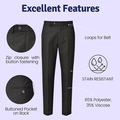 SchoolStitch® Boys School Trousers, Plain Flat Front Waist Adjuster Boys Trousers, Comfortable Slim Fit School Uniform Pants with Pockets