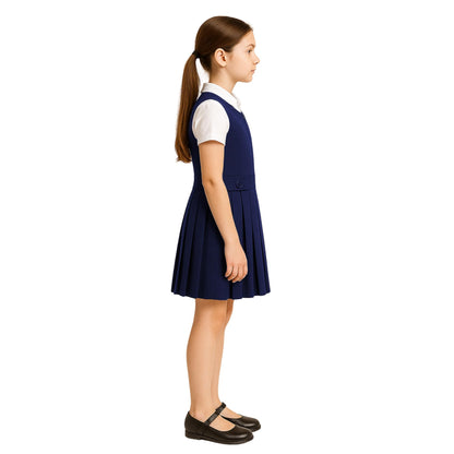 Girls School Uniform Pinafore Dress, Round Neck Sleeveless Pleated Dress, Heart Zip School Pinafore for Girls with Two Button Front, Ages 2-16