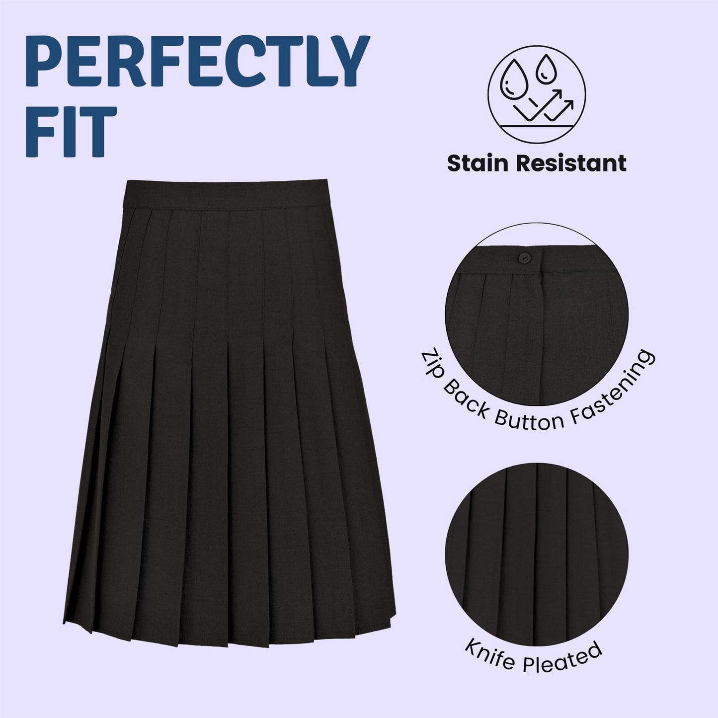 SchoolStitch® Girls School Skirt, Plain Zip Back Button Knee Length Knife Pleated Skirt, Ladies Formal Wear Skirts, Lightweight Girls School Uniform Summer Skirts