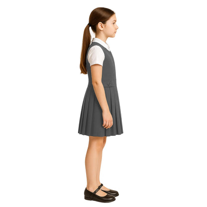 Girls School Uniform Pinafore Dress, Round Neck Sleeveless Pleated Dress, Heart Zip School Pinafore for Girls with Two Button Front, Ages 2-16