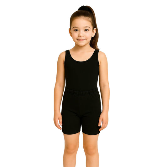 School Stitch® 3 Piece Gymnastics Leotards for Girls Set, Microfiber Plain Sleeveless Bodysuit With Elastic Dance Shorts & Scrunchie, Ballet Leotard for Girls Gymnastics Outfit Age 3-13