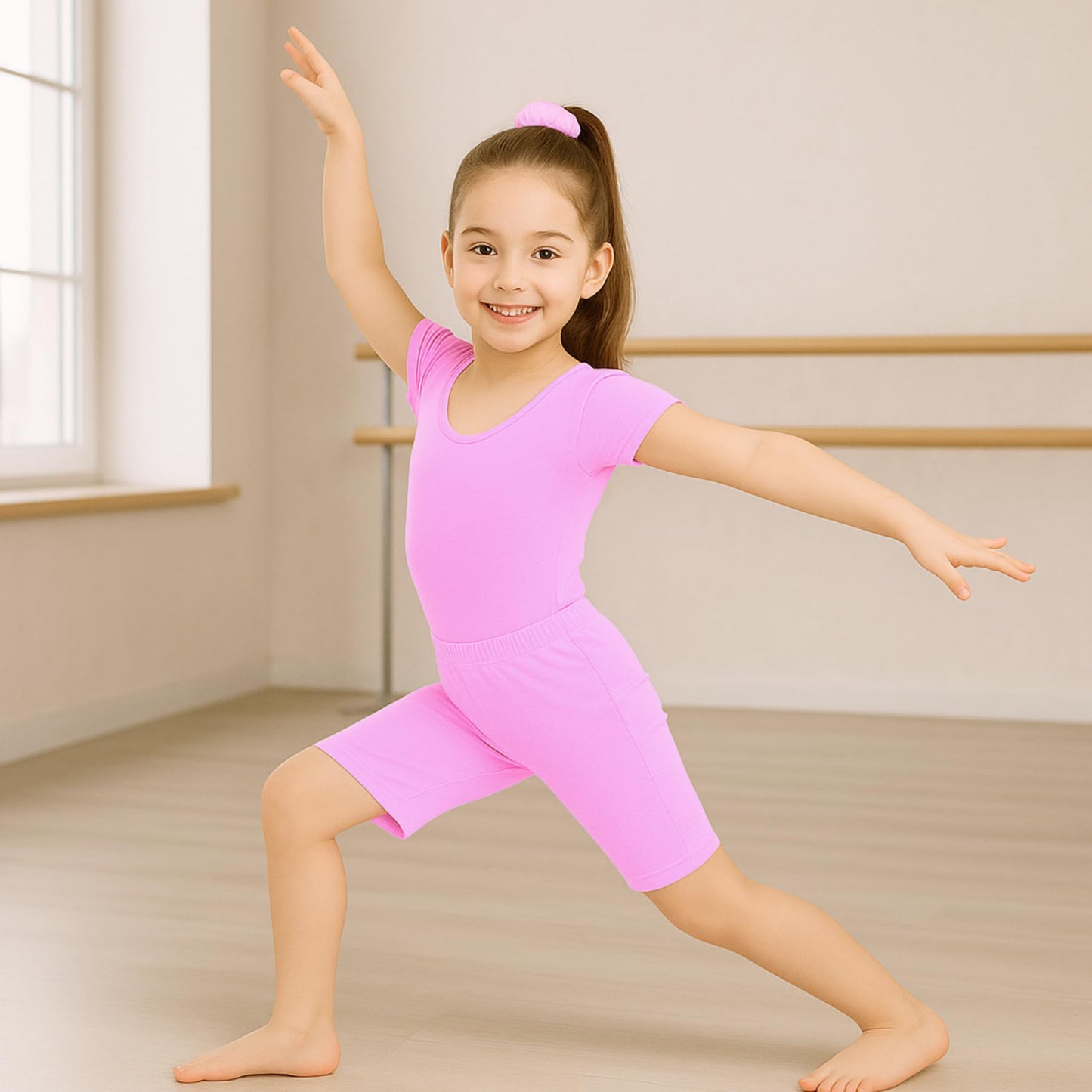 School Stitch 3 Piece Gymnastics Leotards for Girls Set, Kids Microfibre Half Sleeve Ballet Bodysuit With Elastic Waist Shorts and Scrunchie, Dance Costume Leotards for Girls Gymnastics Kids Age 3-13