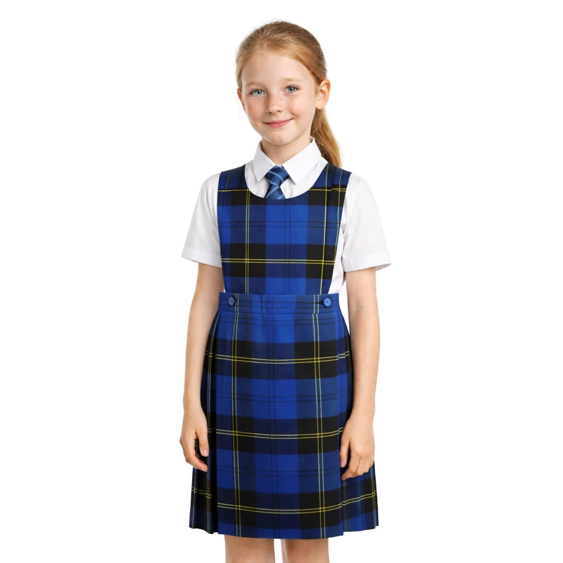 SchoolStitch® Girls School Uniform Sleeveless Pinafore Dress, Knife Pleats Wrap-Over Bib Tartan Dress, Summer School Dresses for Girls, Age 2-18 Years
