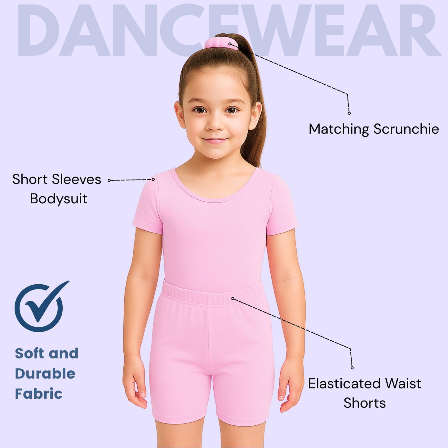 School Stitch 3 Piece Gymnastics Leotards for Girls Set, Kids Microfibre Half Sleeve Ballet Bodysuit With Elastic Waist Shorts and Scrunchie, Dance Costume Leotards for Girls Gymnastics Kids Age 3-13