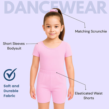 School Stitch 3 Piece Gymnastics Leotards for Girls Set, Kids Microfibre Half Sleeve Ballet Bodysuit With Elastic Waist Shorts and Scrunchie, Dance Costume Leotards for Girls Gymnastics Kids Age 3-13