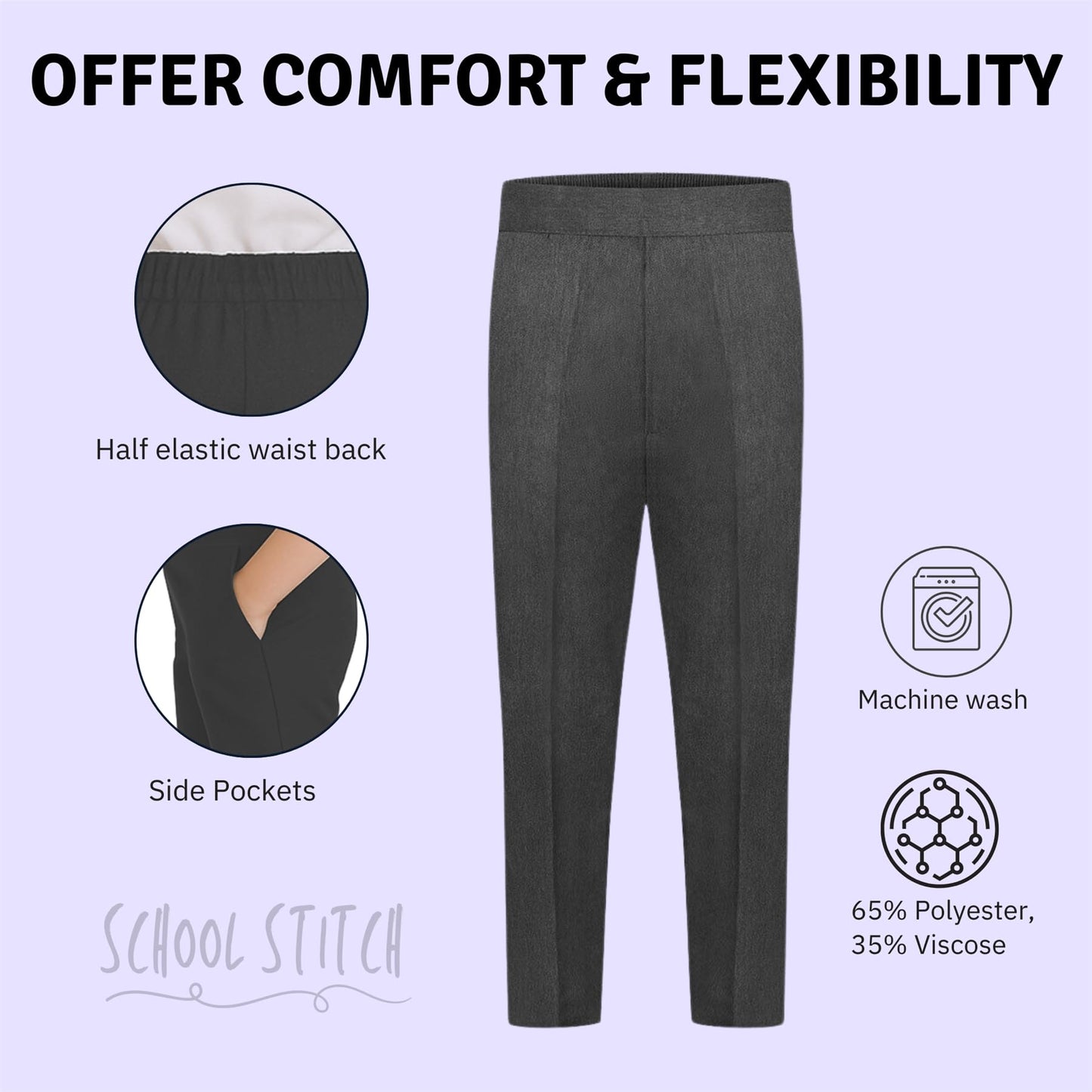 School Stitch® Boys School Trousers, Plain Slim Fit Half Elastic Waist Trousers with Two Side Pockets, Stylish Pull Up School Uniform Pants, Ages 2-13