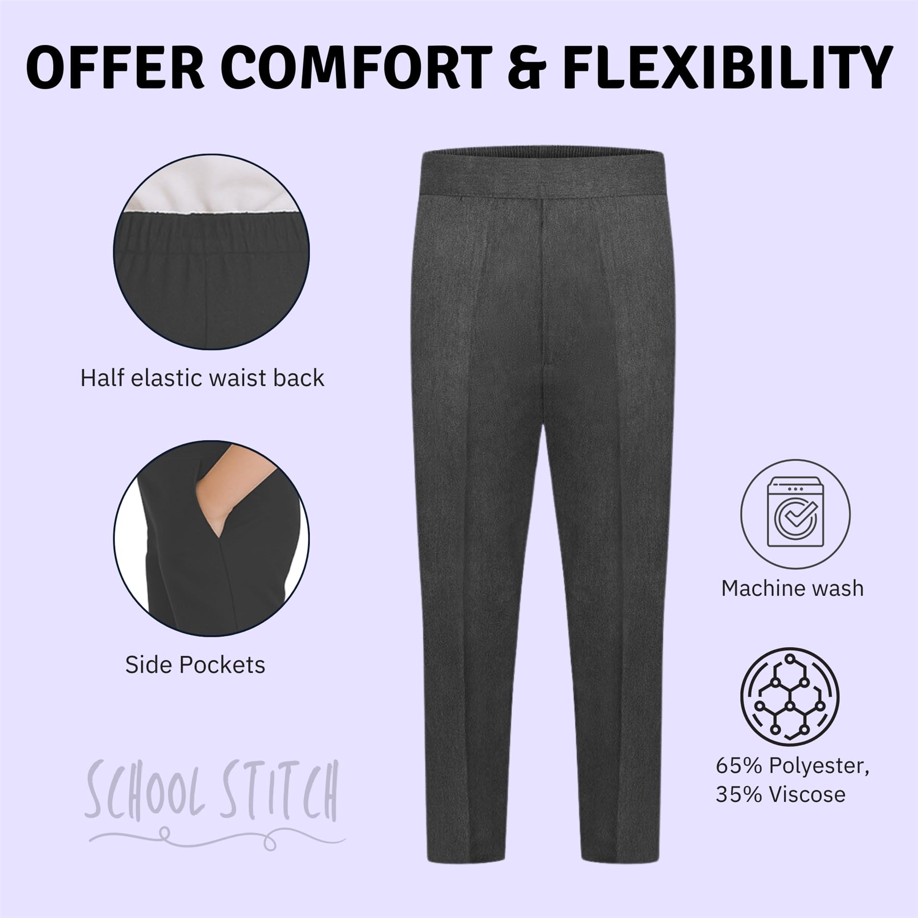 School Stitch® Boys School Trousers, Plain Slim Fit Half Elastic Waist Trousers with Two Side Pockets, Stylish Pull Up School Uniform Pants, Ages 2-13