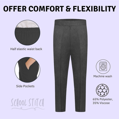 School Stitch® Boys School Trousers, Plain Slim Fit Half Elastic Waist Trousers with Two Side Pockets, Stylish Pull Up School Uniform Pants, Ages 2-13