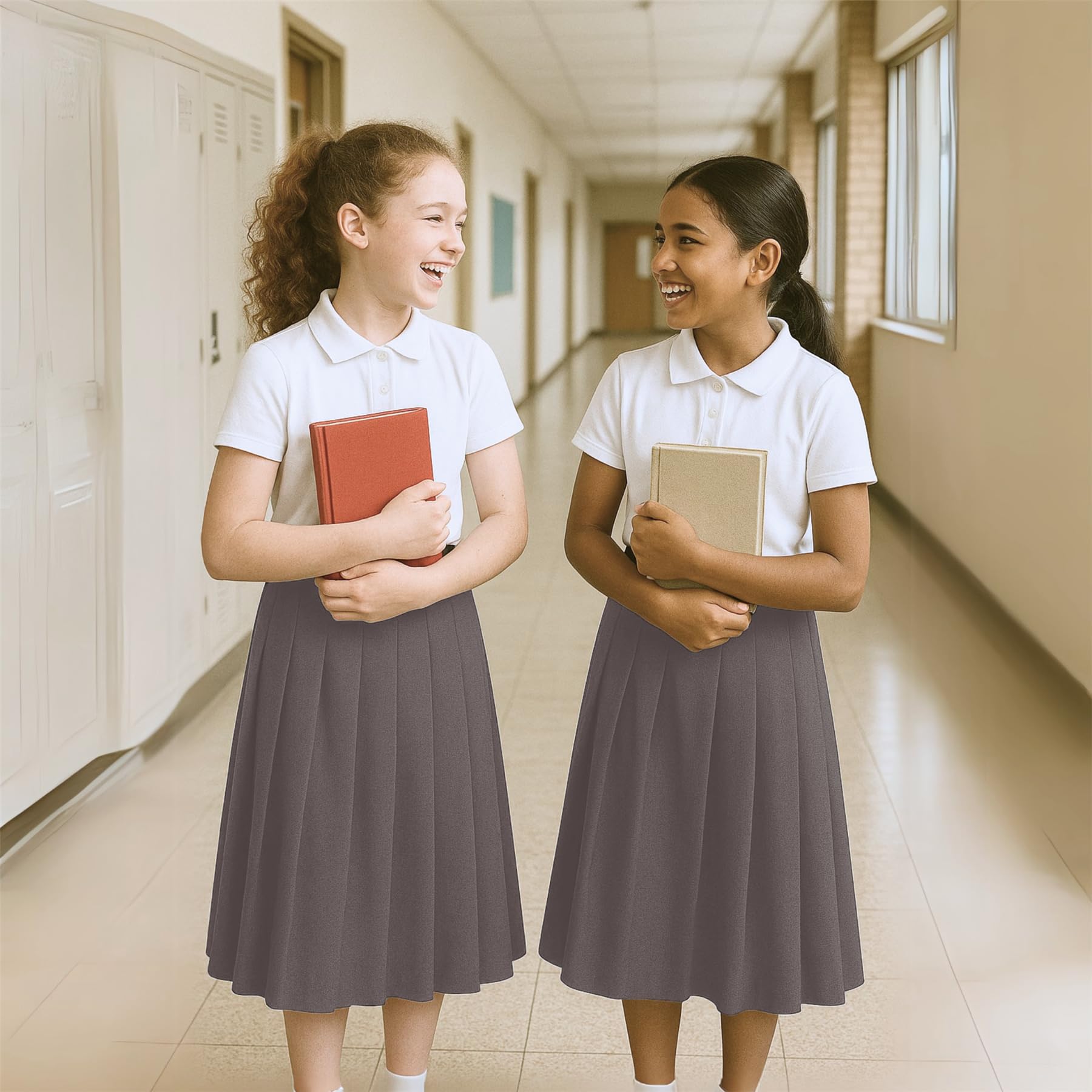 SchoolStitch® Girls School Skirt, Plain Zip Back Button Knee Length Knife Pleated Skirt, Ladies Formal Wear Skirts, Lightweight Girls School Uniform Summer Skirts