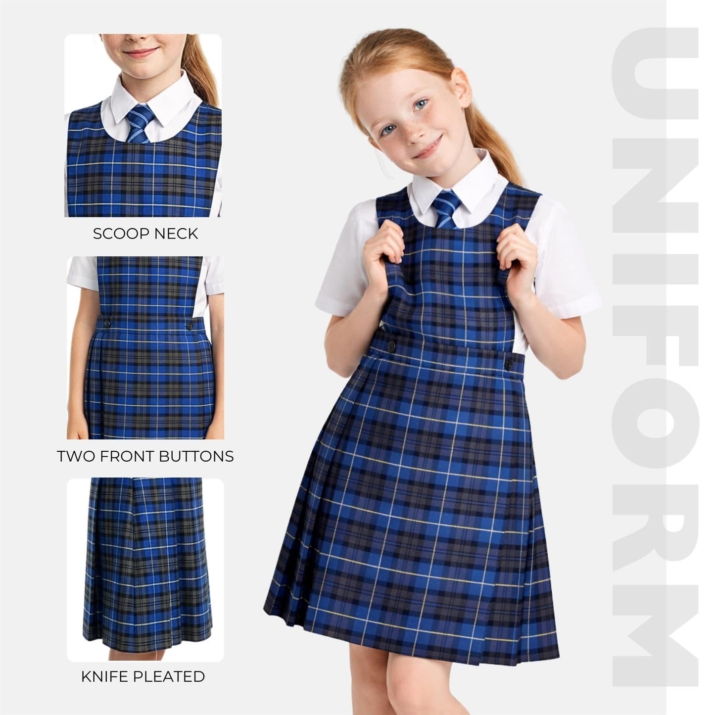 SchoolStitch® Girls School Uniform Sleeveless Pinafore Dress, Knife Pleats Wrap-Over Bib Tartan Dress, Summer School Dresses for Girls, Age 2-18 Years
