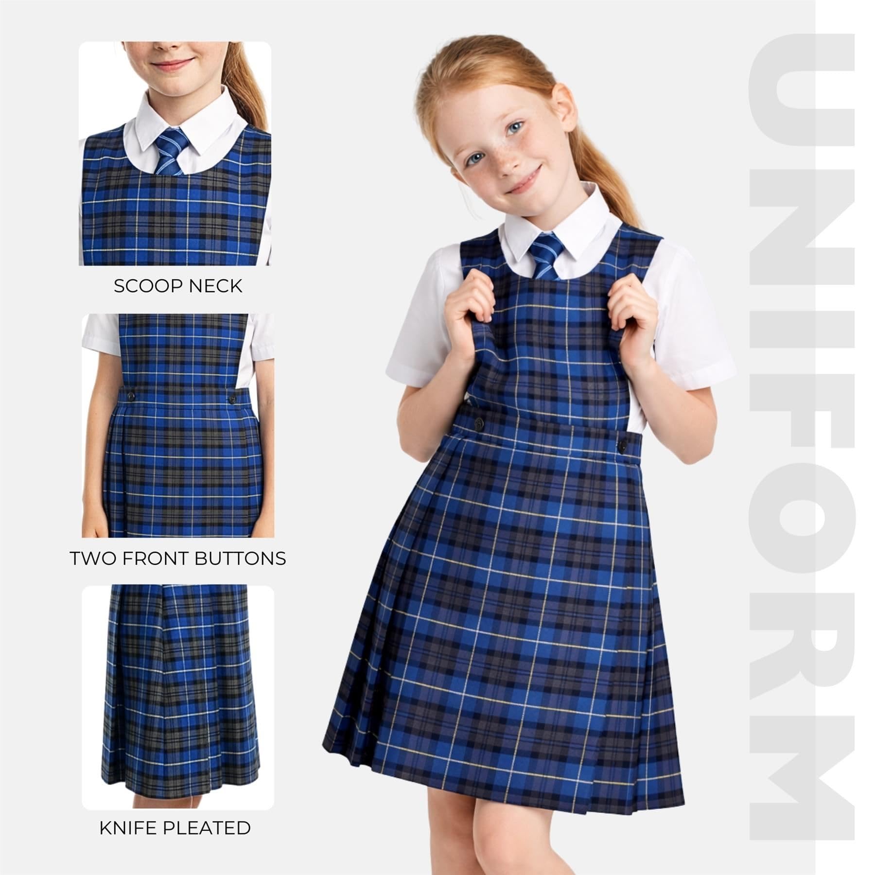 SchoolStitch® Girls School Uniform Sleeveless Pinafore Dress, Knife Pleats Wrap-Over Bib Tartan Dress, Summer School Dresses for Girls, Age 2-18 Years