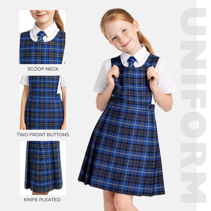 SchoolStitch® Girls School Uniform Sleeveless Pinafore Dress, Knife Pleats Wrap-Over Bib Tartan Dress, Summer School Dresses for Girls, Age 2-18 Years
