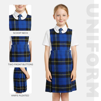 SchoolStitch® Girls School Uniform Sleeveless Pinafore Dress, Knife Pleats Wrap-Over Bib Tartan Dress, Summer School Dresses for Girls, Age 2-18 Years