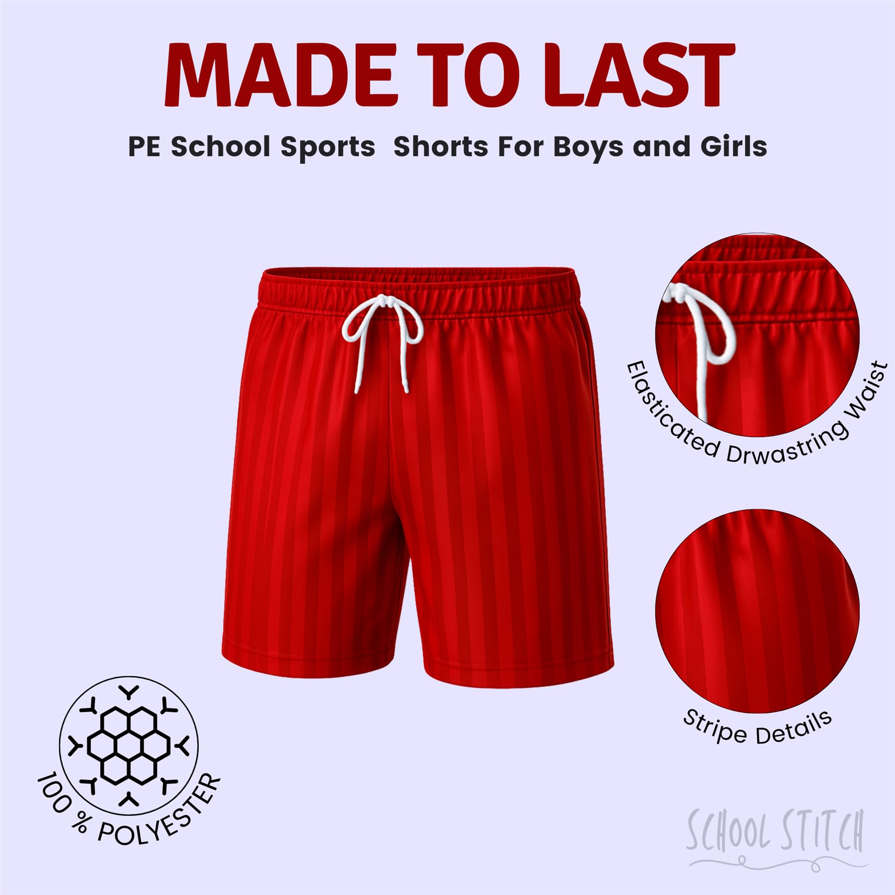 Kids Unisex Shadow Stripe PE Shorts, Girls Boys Drawstring Waist Football Shorts, School Sports Gym Running Boys and Girls’ Activewear Stretchy Short Pants, Ages 2-13