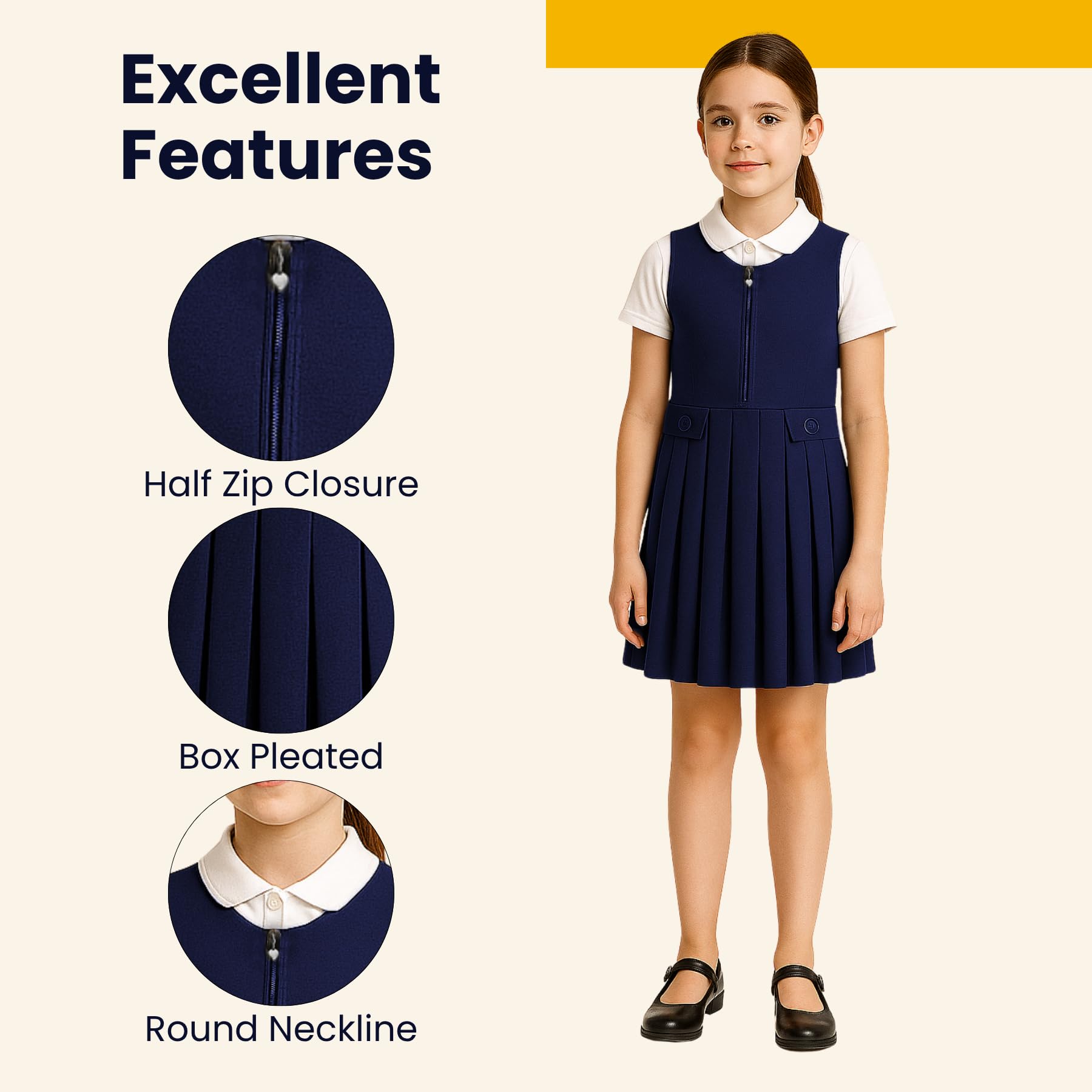 Girls School Uniform Pinafore Dress, Round Neck Sleeveless Pleated Dress, Heart Zip School Pinafore for Girls with Two Button Front, Ages 2-16