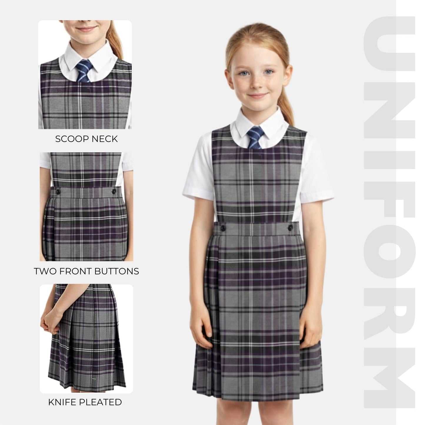 SchoolStitch® Girls School Uniform Sleeveless Pinafore Dress, Knife Pleats Wrap-Over Bib Tartan Dress, Summer School Dresses for Girls, Age 2-18 Years