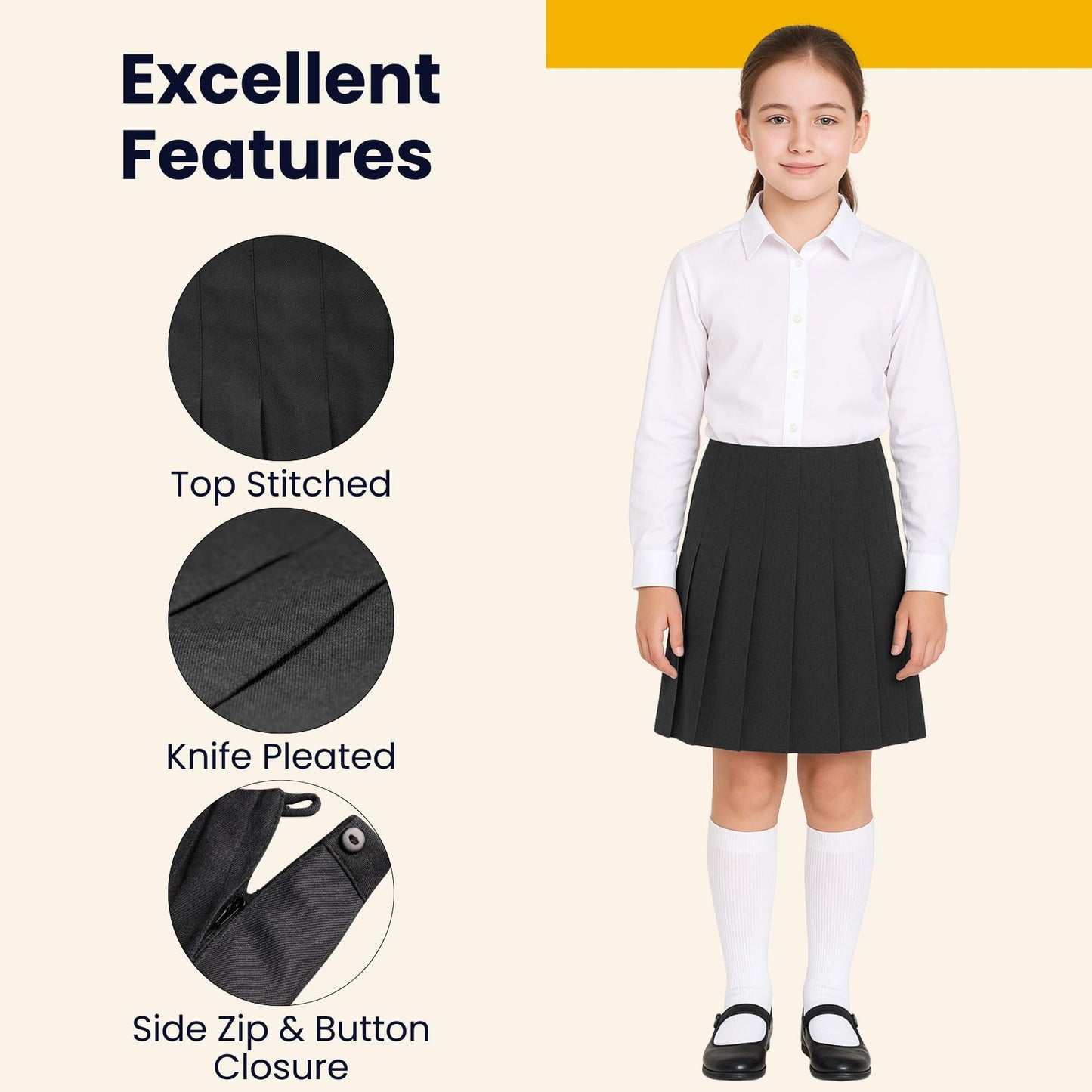 SchoolStitch® Girls School Skirts, Zip Back Top Stitched All Round Knife Pleated Skirt, Plain Girls School Uniform, Womens Formal Office Skirt, Stretchy Summer Skirts