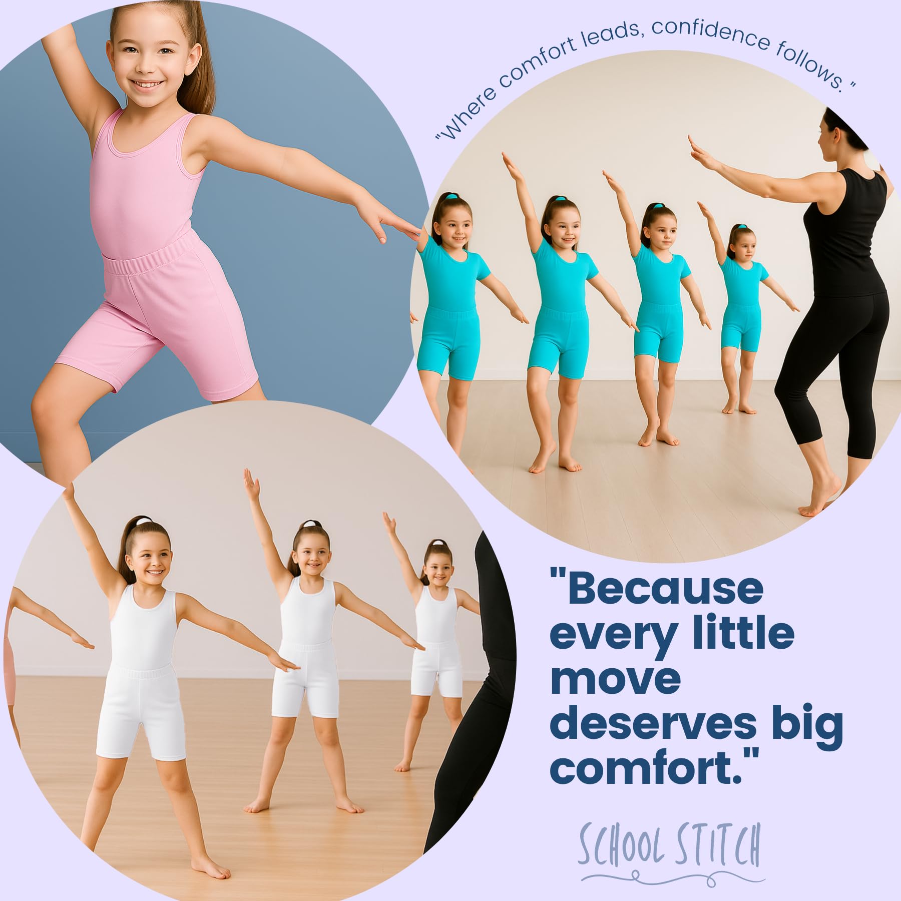 School Stitch® 3 Piece Gymnastics Leotards for Girls Set, Microfiber Plain Sleeveless Bodysuit With Elastic Dance Shorts & Scrunchie, Ballet Leotard for Girls Gymnastics Outfit Age 3-13