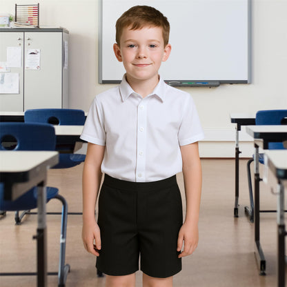 Boys School Shorts, Half Elastic Back Knee Length Pull On Shorts with Pockets, Kids Plain Teflon Coated Black Short Pants, School Uniform Boys Ages 2-13