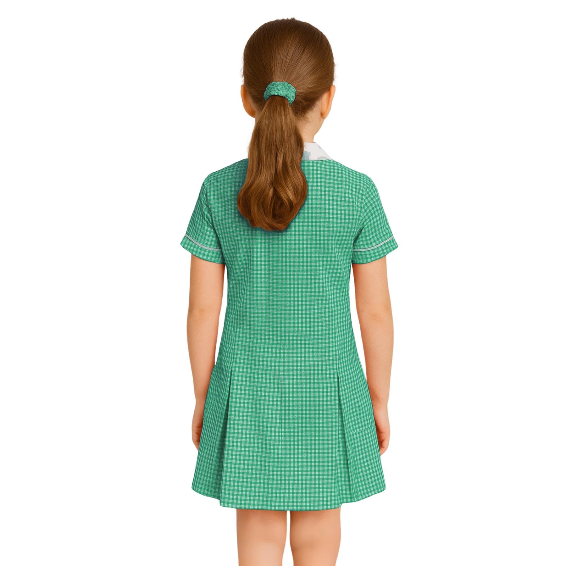 Girls Gingham School Dress, Kids Short Sleeve Zip up Check Print Pleated School Uniform Girls Summer Dress with Side Pockets and Hair Bobble, Ages 3-20