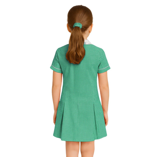 Girls Gingham School Dress, Kids Short Sleeve Zip up Check Print Pleated School Uniform Girls Summer Dress with Side Pockets and Hair Bobble, Ages 3-20