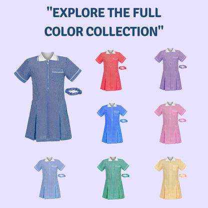 Girls Gingham School Dress, Kids Short Sleeve Zip up Check Print Pleated School Uniform Girls Summer Dress with Side Pockets and Hair Bobble, Ages 3-20