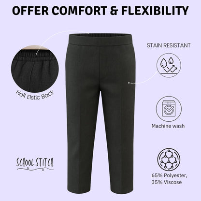 Boys School Trousers, Plain Flat Front Pull Up Half Elastic Waist Trousers, Teflon Coated Stain-Resistant School Uniform Pants, Ages 3-13