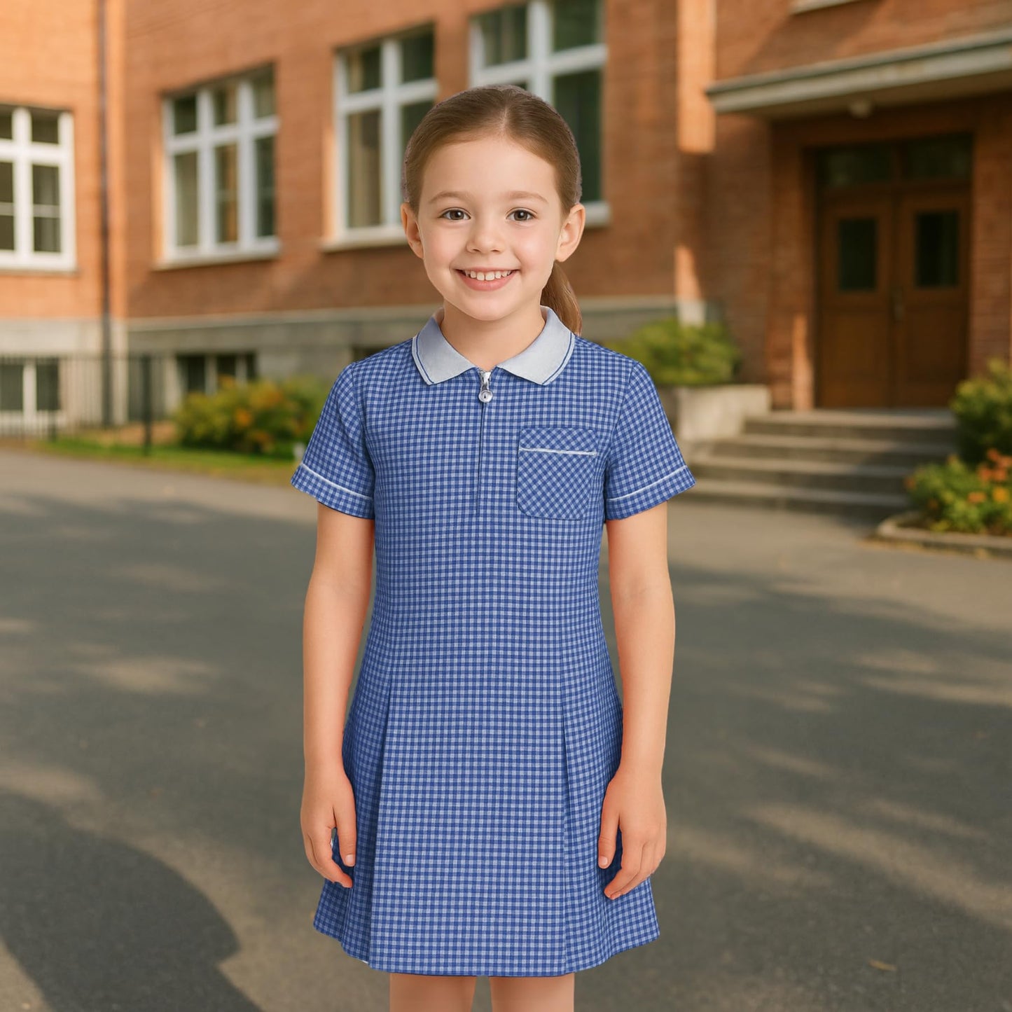 Girls Gingham School Dress, Kids Short Sleeve Zip up Check Print Pleated School Uniform Girls Summer Dress with Side Pockets and Hair Bobble, Ages 3-20