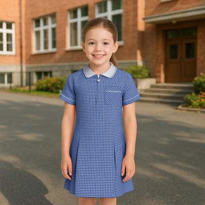 Girls Gingham School Dress, Kids Short Sleeve Zip up Check Print Pleated School Uniform Girls Summer Dress with Side Pockets and Hair Bobble, Ages 3-20