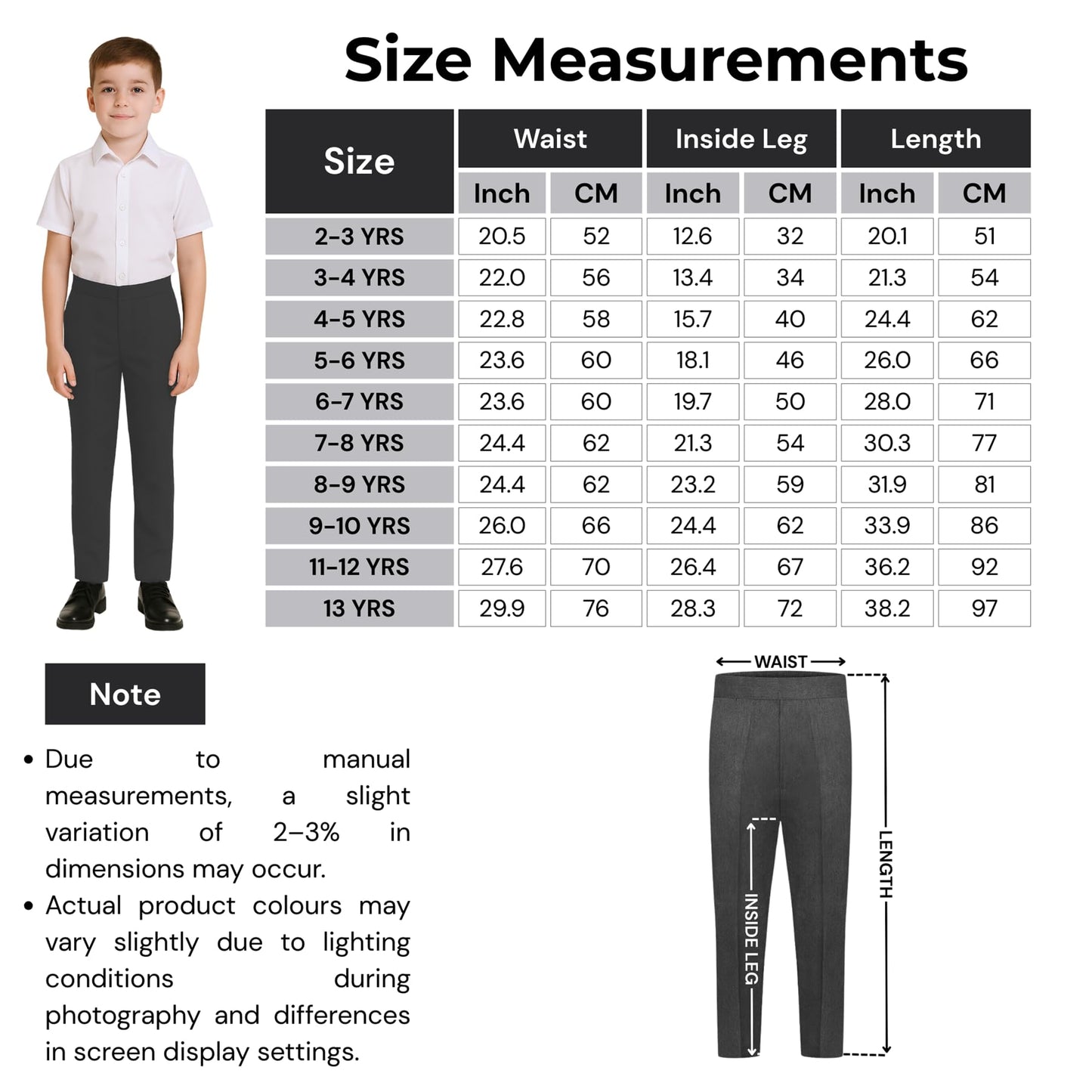 School Stitch® Boys School Trousers, Plain Slim Fit Half Elastic Waist Trousers with Two Side Pockets, Stylish Pull Up School Uniform Pants, Ages 2-13