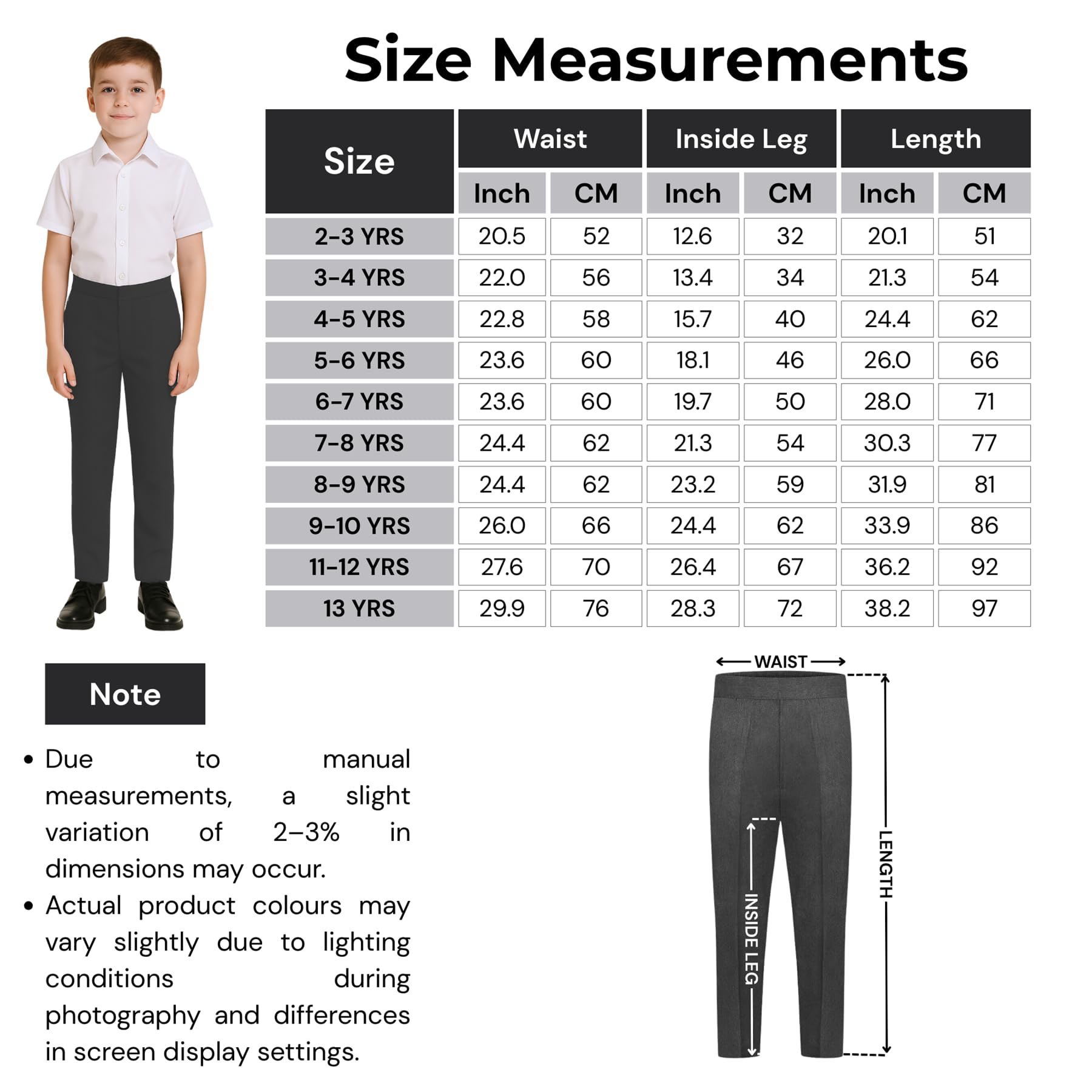 School Stitch® Boys School Trousers, Plain Slim Fit Half Elastic Waist Trousers with Two Side Pockets, Stylish Pull Up School Uniform Pants, Ages 2-13