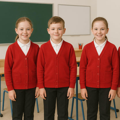 Girls Boys School Uniform Long Sleeve Cardigan, Kids Unisex Button up V Neck Jumper, Plain Sweater with Front Pockets, School Cardigans for Girls and Boys Age 2-13 Years