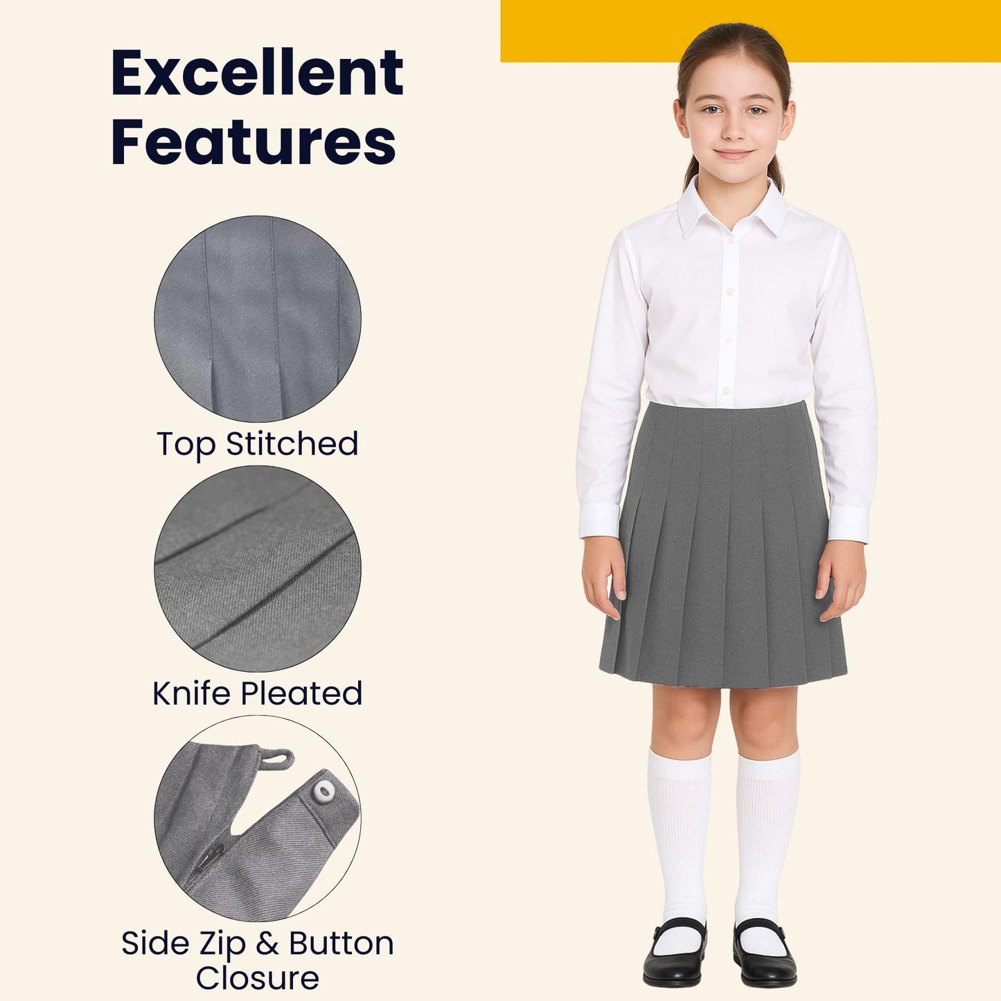 SchoolStitch® Girls School Skirts, Zip Back Top Stitched All Round Knife Pleated Skirt, Plain Girls School Uniform, Womens Formal Office Skirt, Stretchy Summer Skirts