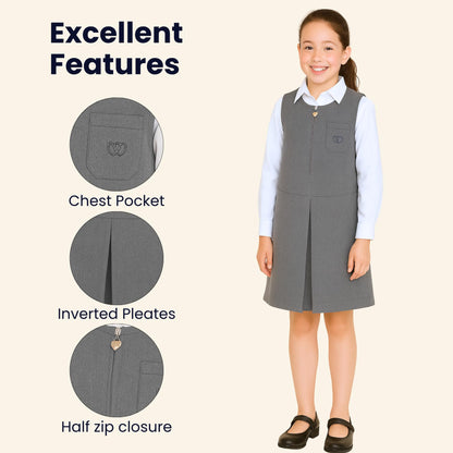 SchoolStitch® Girls School Uniform Plain Pinafore Dress, Round Neck Sleeveless Zip Closure Pleated Dress with Heart Pockets, Elegant School Uniform Girls Pinafore Dresses, Ages 2-14